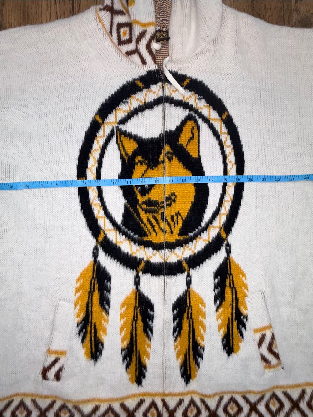 Vintage 90s Tejidos Imalaya Wool Wolf Dreamcatcher Hooded Full Zip Sweater L/XL - Picture 7 of 12